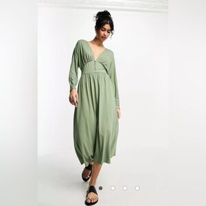 ASOS waist long sleeve button down green midi dress